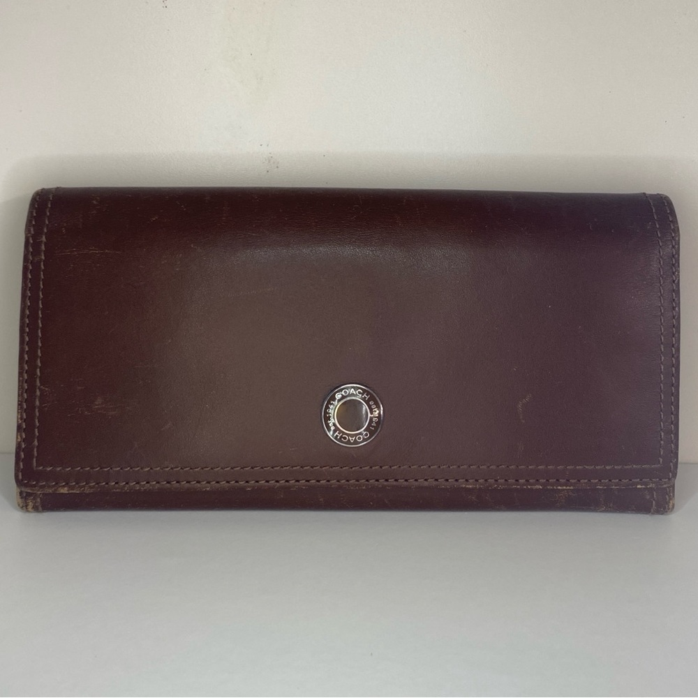 Coach Vintage Leather Dark Brown Trifold Snap Coin Zip Wallet Y2K minimalist